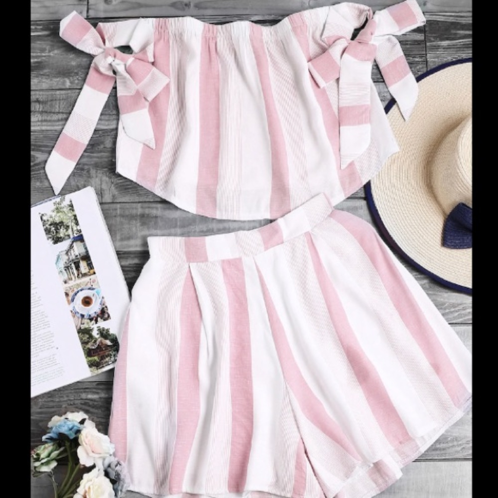 Pink And White Off The Shoulder Set